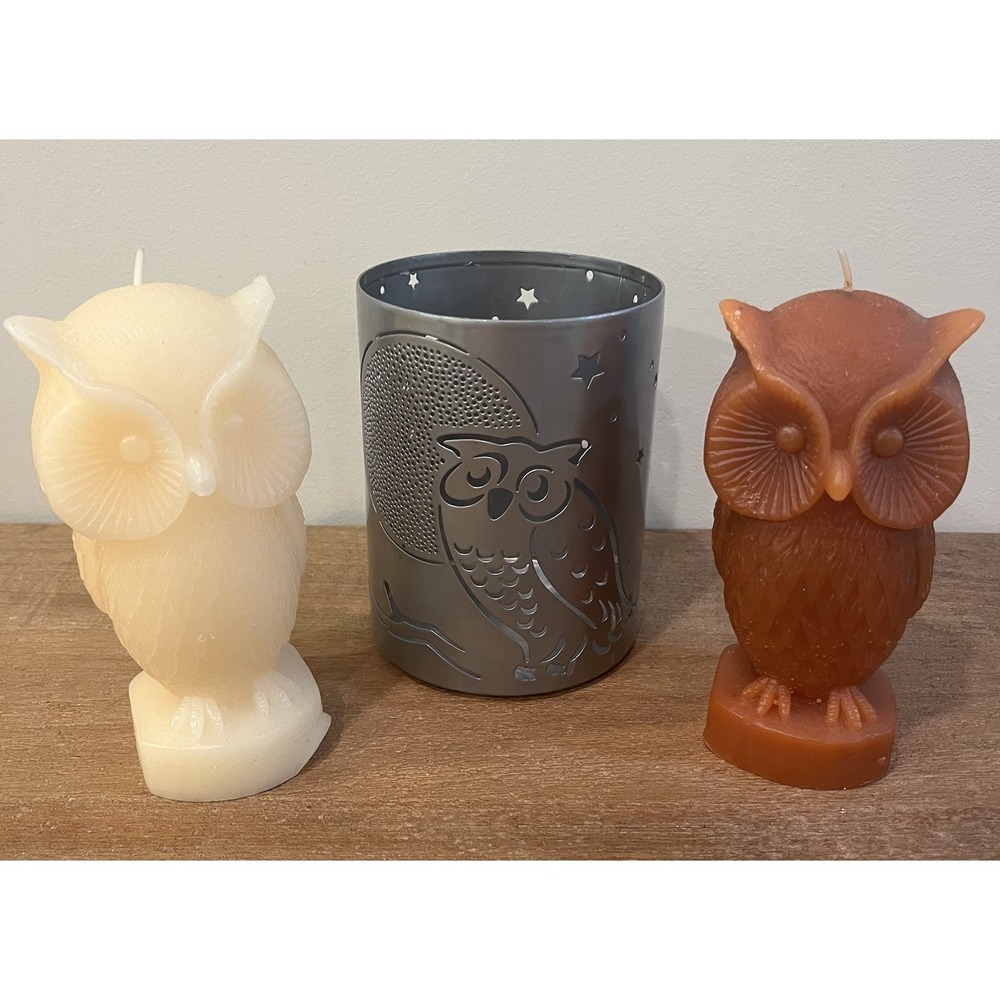 Better Homes & Gardens Silver Owl Candle Sleeve + 2 Owl Candles‎ Set Fall Decor